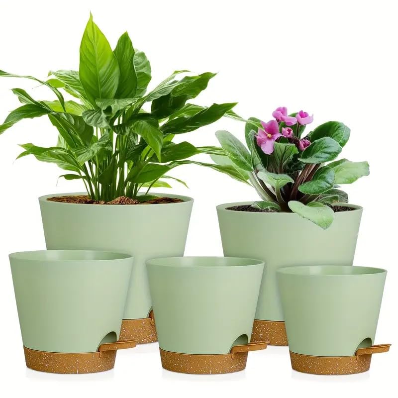 Neuytiky Selbstbewässernde Pflanztöpfe Set 5 Größen (12,7-17,8cm) - Blumentöpfe innen mit Wasserstandsanzeige für Kräuter, Sukkulenten, afrikanische Veilchen - Kunststoff (Grün)