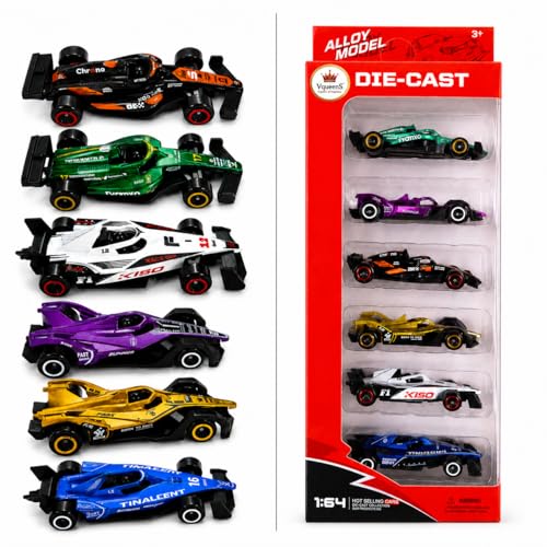 Image of 1:64 Scale Diecast Alloy Formula Racing Car Set of 6 - Metal F1 Style Mini Collectible Toy Cars with Free Rolling Wheels, Realistic Racing Models for Kids, Boys, Adults & Collectors Gift Set