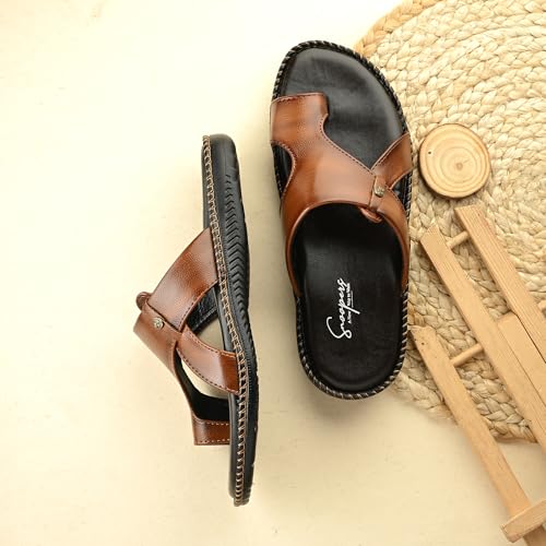 Image of Men's Leather Look Stylish Slippers with Toe Ring for Diwali, Festive & Ethnic Wear | Premium Synthetic Leather Chappals with Cushioned Footbed & Durable Anti-Slip Sole