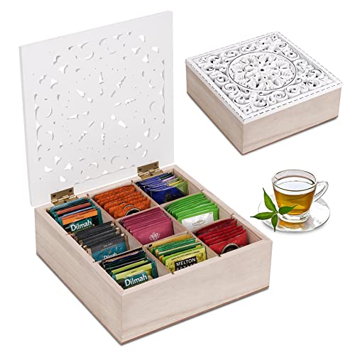Optyuwah Boîte à thé en bois avec 9 compartiments avec couvercle creux et trappe à thé pour sachets de thé, sucre, capsules de café, boîte de rangement blanche Cover