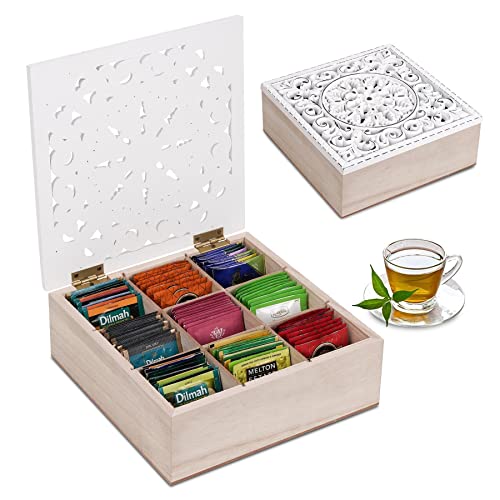 Optyuwah Caja de té de madera con 9 compartimentos, caja de té con tapa hueca y escotilla de visión, caja de té para bolsas de té, azúcar, cápsulas de café, caja de almacenamiento de color blanco