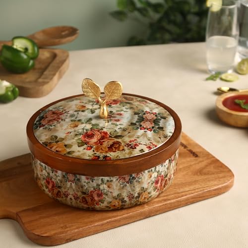 Image of Handcrafted Premium Wooden Roti Casserole, Roti box, Chapati Box, Hotpot roti box, Roti Dabba, Wooden Roti box with Gold Embossed Butterfly Knob(9x9x4 Inch)