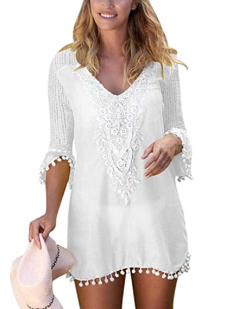 TBSCWYF Pareos Playa Mujer Collar De Flores Vestido De Playa Vestido Mangas Cortas Gasa Beach Pareos Playa Mujer Ropa de Baño Borla Bikini Cover up