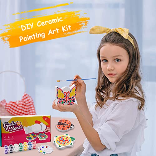 Paint Your Own Stepping Stones, 5-Pack Diy Ceramic Painting Kit For Kids, Outdoor Garden Art & Craft Painting Set For Boys & Girls Ages 3-12, Butterfly, Turtle, Flower, Tree & Ladybug Stepping Stone #TOP3