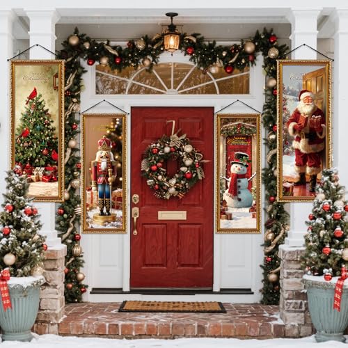 Image of Panelee 4 Pcs Christmas Porch Banners Snowman Santa Nutcracker Xmas Tree Stretching Portraits Wall Decorations Christmas Porch Sign Backdrop for Xmas Indoor Outdoor Wall Hanging Decor
