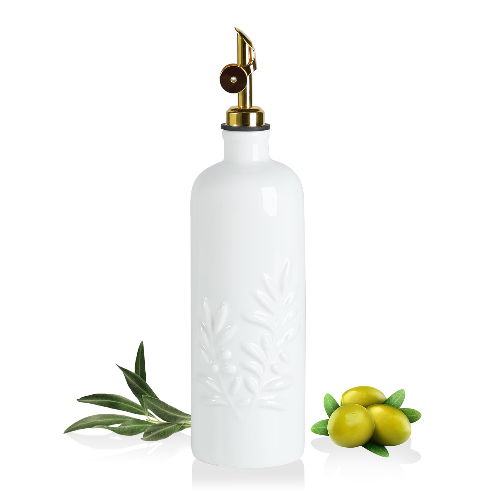 Sweejar Home White 530Ml Oil Dispenser For Kitchen With Gravity Spout, Ceramic Olive Oil Dispenser Bottle, Relief Opaque Vinegar Container For Evoo, Vinegar, Soy Sauce, Pack Of 1(, Gold Spout)