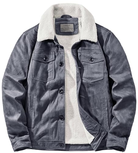 Image of LOUECHY Men's Sherpa Lined Jacket Faux Suede Trucker Jacket Fleece Warm Winter Coats