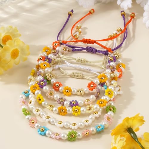 Disney Colorful Disney Flower Pearl Glass Beaded Bracelets for Women,Adjustable Handmade Lucky Rope Boho Floral Summer Beach surfer Cute Friendship Birthday Gifts4