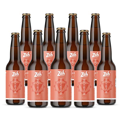 Image of Zoh Probiotics Peach Kombucha Green Tea|Tea With Living Probiotics,Detoxifying Acids & Digestive Enzymes. Raw & Unpasteurized With Mother. Made With Real Peaches (Pack Of 9), Liquid - 6 Kg