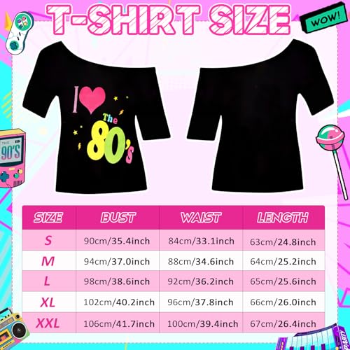 19 unidades de los años 80 trajes para mujer con camiseta + diadema + guantes de red + pendientes de flash + pulsera + collar + gafas de sol + bolsa de cinturón + tobillera para carnaval cosplay (S)