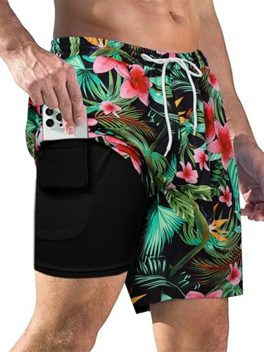 Mens Swim Trunks with Compression Liner 7 Inch Quick Dry Swim Shorts Hawaiian Bathing Suit with Pockets