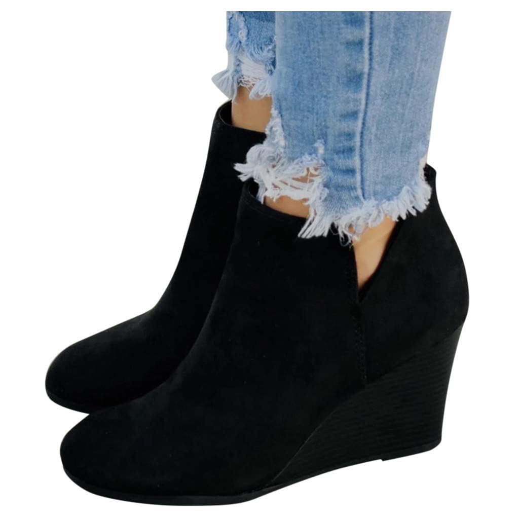 Closed Toe V Cutout Wedge Ankle Booties for Women with Zipper Vintage Boots Stacked Wedge Heel Dressy Shoes