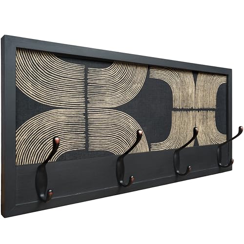 Perchero de Pared de Madera | 52×25 cm | Hecho en España | 4 Ganchos Dobles (8 Colgadores) para Ropa y Abrigos | Diseño Decorativo Funcional | Colgador Entrada, Salón, Oficina (Mid century Negro)
