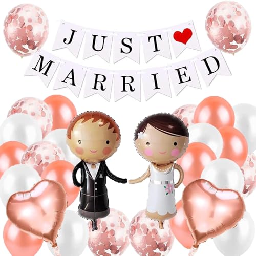 HCRXVV Just Married Lot de 29 ballons décoratifs pour mariage Or rose Décoration de mariage Ballons en aluminium Figurines de mariés Bannière Just Married...