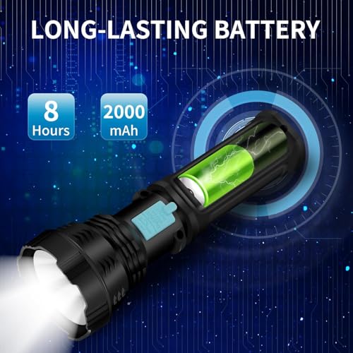 Image of Solar /Rechargeable Multi Function1500 Lumens LED Flashlight, with Emergency Strobe Light and 2000 Mah Battery, Emergency Power Supply and USB Charging Cable, Fast Charging (1PC)