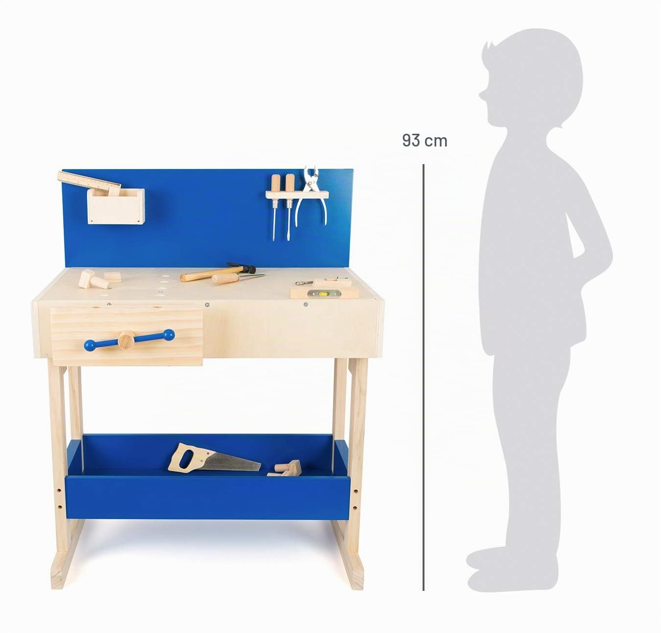 10839 Banco di lavoro per bambini con accessori small foot in legno naturale e blu, con grande piano di lavoro e attrezzi, a partire da 8 anni