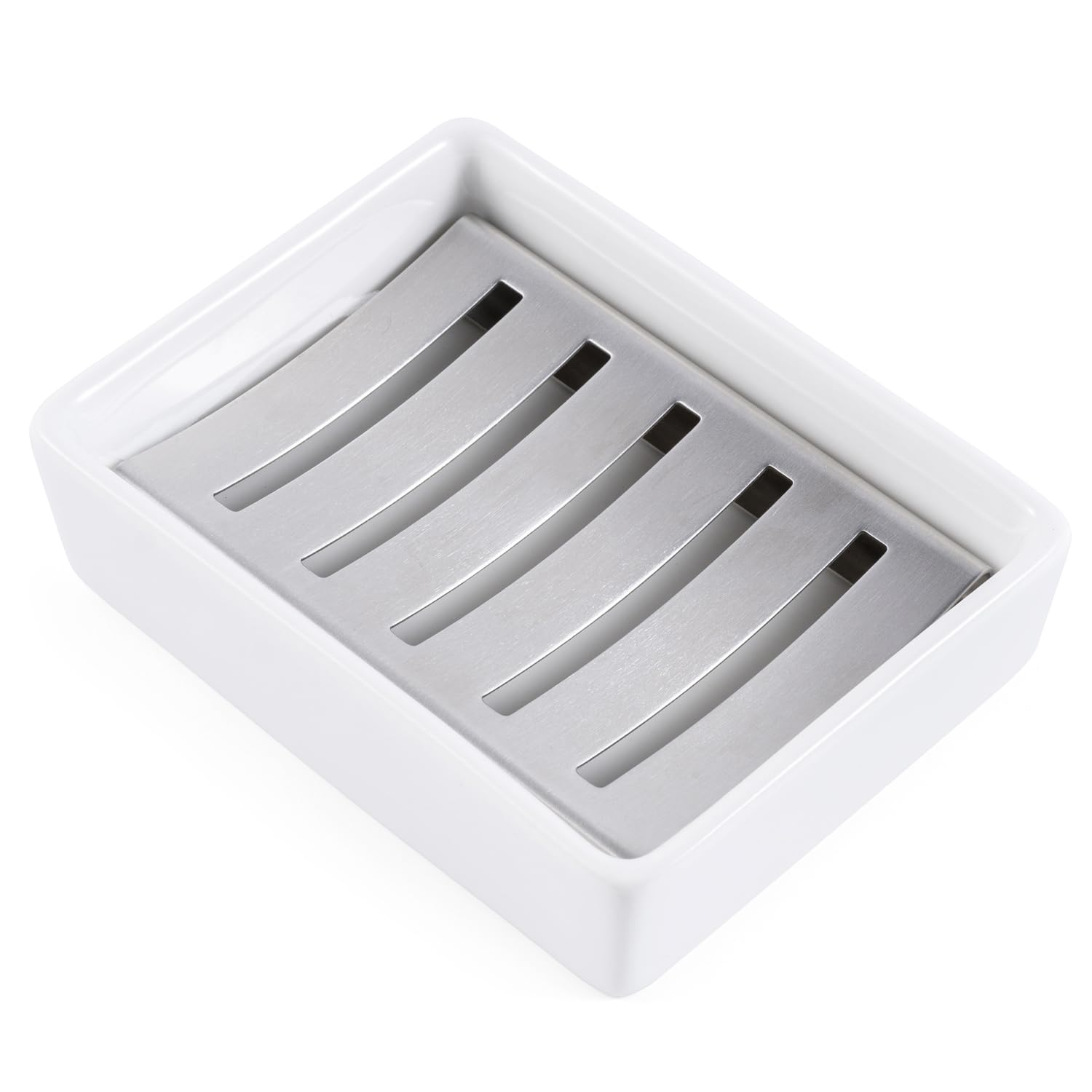 Ceramic Soap Dish (11.8 x 8.8 x 3cm) Stainless Steel Soap Holder for Bathroom and Shower Double Layer Draining Soap Box (Silver tray)