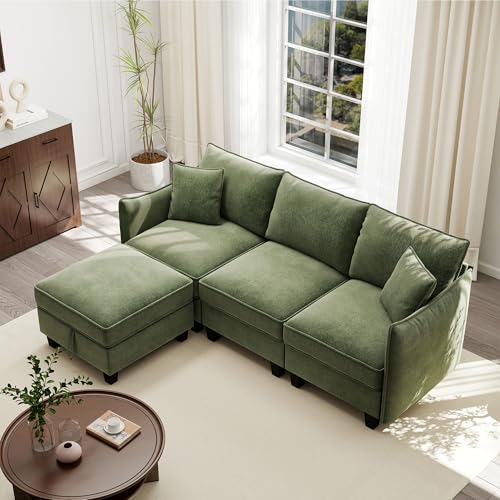 Image of Ihanherry 85.8 inch Modular L-Shaped Sectional Sofa, Modern 4-Seat Cloud Couch with Storage Ottoman, Comfy Chenille Convertible Furniture Set for Living Room, Apartment, Easy Assembly, Green