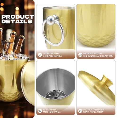 Ice Bucket with Lid,Tongs and Strainer (3L/Gold) Double Wall Stainless Steel Ice Bucket Keeps Frozen Longer, Insulated Ice Bucket Perfect for Parties, Cocktail bar, Chilling Wine, Champagne - Image 3