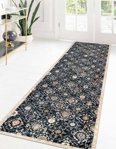 KILOCOCO 2x8 Runner Rug, Moroccan Super Soft Washable Hallway Runner Rug, Accent Print Faux Wool Kitchen Runner Rug 8 Feet Non-Slip Rug Runners for Laundry Room Bedroom, Black, Navy Blue/Multi