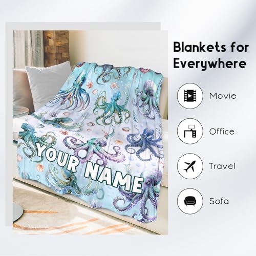 Custom Octopus Blanket with Name for Girls Boys, Cute Soft Gifts for Ocean Lovers, Cozy Flannel Throw for Bed Travel, 50" x60Custom