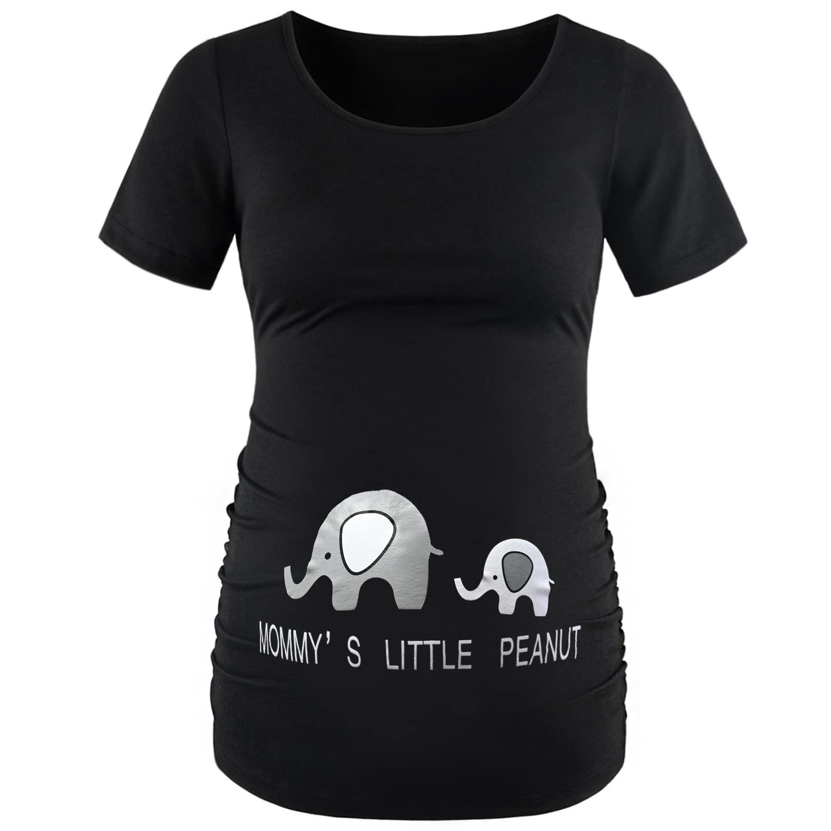 DEBELLYMaternity Shirts Short Sleeve Tops Black Shirts Footprints Pregnancy Ruched Sides Casual Shirt