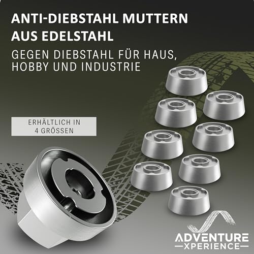 Adventure Xperience 8+1 Anti-Diebstahl Muttern - Sicherheitsmutter diebstahlhemmend inkl Spezialschlüssel -diverse Sets, Spezialform - M5, M6, M10 Edelstahl rostfrei (M8, 8 Muttern 1 Nuss) 8M8Tri