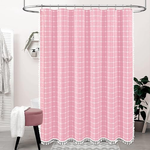 Image of BTTN Extra Long Shower Curtain - 72x96 Inch Long Boho Chic Linen Fabric Heavy Duty Shower Curtain Set with Hooks, Tall Bohemian Farmhouse Shabby Chic Tassel Cloth Shower Curtains for Bathroom - Pink