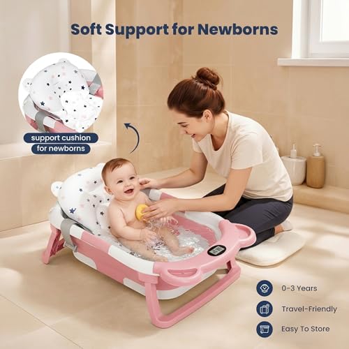 Image of TINSY Foldable Baby Bath Tub with Built-in Water Thermometer & Soft Head Support Pillow | Portable Newborn Bathtub | Anti-Slip Legs | Space-Saving Infant Bath Tub for Babies & Toddlers | Blush Pink