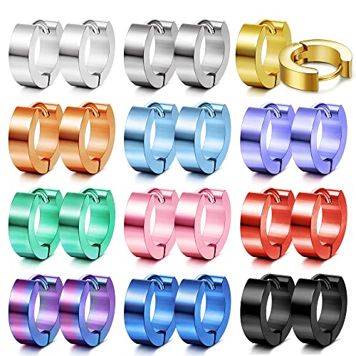 ORAZIO 12 Pairs Stainless Steel Small Hoop Earrings for Women Colorful Mens Earrings Hoop Hinged Huggie Hoop Earrings Piercing Set
