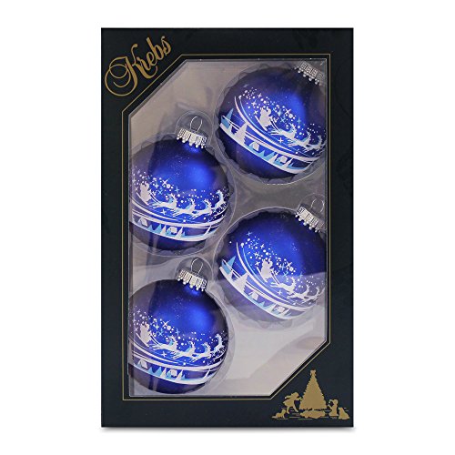 Krebs Glas Lauscha - Set mit 4 Christbaumkugeln in Blau und Weiß - Santa über Dorf - Größe ca. 7 cm