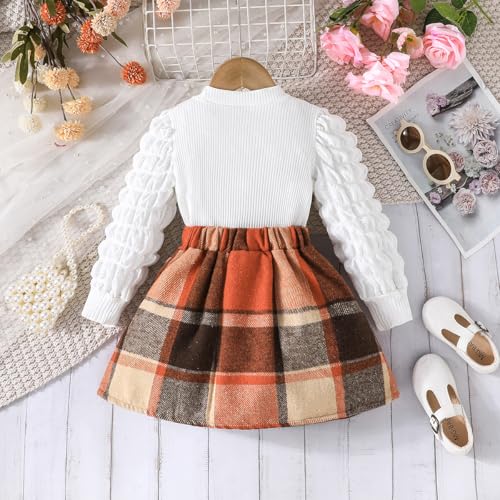 Image of Noubeau Toddler Girls Plaid Outfits Girls Puff Sleeve Knit Ribbed Shirt Tops Plaid Skirt Set Kids Fall Winter Clothes