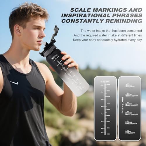 Sports 1L Water Bottle with Straw,Plastic Drinks Bottle,1 Litre Water Bottles with Time Markings,Waterbottle Leak Proof-Bpa-Free for Gym,School, Office,Travel (Black-White) - Image 3