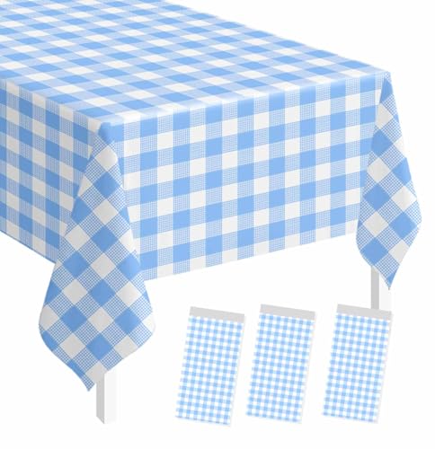 Image of SietDESEO 3 Pack Light Blue Gingham Tablecloth Rectangle 54 x 108 Blue and White Checkered Table Cloth Disposable Plaid Table Cover Plastic for Birthday Baby Shower Picnic Wedding Party Supplies