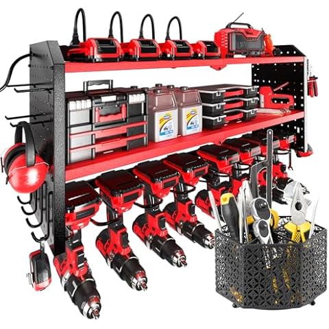 KAFAHOM Power Tool Organizer with Charging Station Wall Mount and Desktop 360° Rotating Tool Organizer with Handle Set, Small Repair Tool Storage Rack for Desktop Workbench- Red and Black Cover