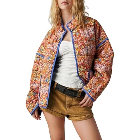 Omoone Women's Cropped Quilted Jacket Floral Printed LightWeight Padded Puffer Cardigan Coat Outwear(3950-03Yellow-L) Cover