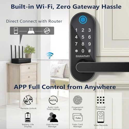 Fingerprint Door Lock, Keyless Entry Door Lock, Smart Locks with Handle for Front Door & Bedroom, Built-in WiFi, App Remote Control, Electronic Digital Keypad with Knob, Auto-Lock