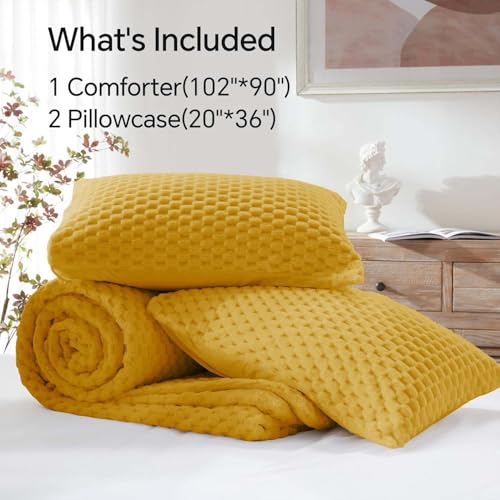 Image of BEDELITE Fluffy King Size Comforter Set - Yellow Fleece Soft Comforter for King Size Bed, Luxury Warm Bedding Set for Winter, Fuzzy Bed Set 3 Pieces (1 Comforter, 2 Pillowcases)