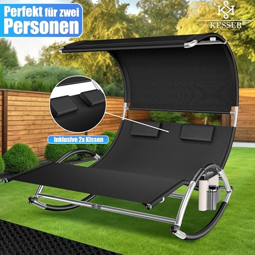 KESSER® Doppel-Sonnenliege Doppelliege mit Sonnendach, Kopfkissen Tasche für 2 Personen, Relaxliege, Gartenliege, Schaukelliege ergonomische Liegefläche, 240 kg Belastung, Seitentasche, Schwarz