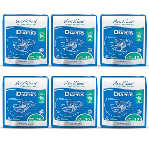 Image of AROKLEEN 2X Overnight 60 Count Adult Diapers Tape Style | Large Size (L) | Waist Size 101-150 Cm (40 inch- 59 inch) | 16 hr Absorption Protection | Unisex | Leak Proof | Wetness Indicator- Pack of 6