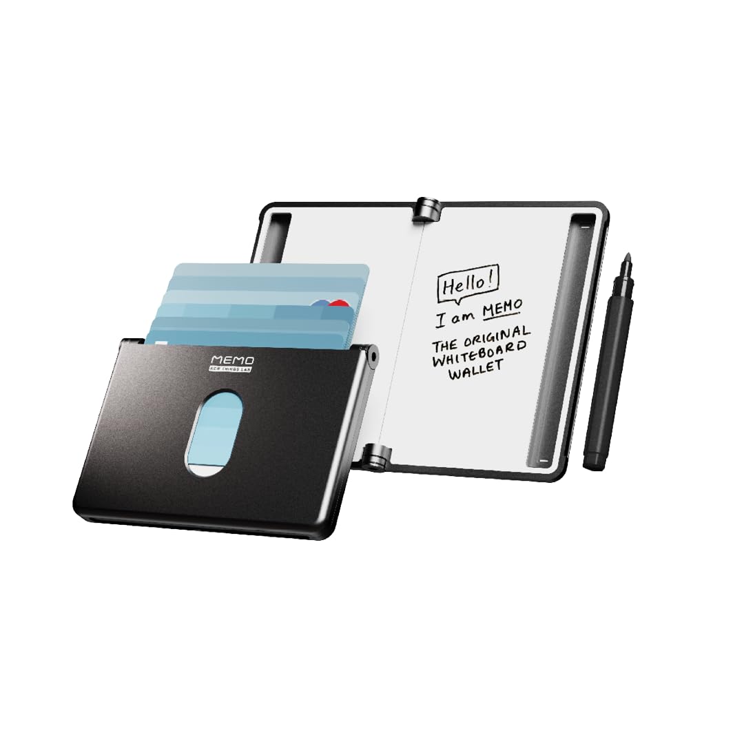 New Things Lab MEMO Whiteboard Wallet - an Innovative Mini Pocket Notebook & Aluminum RFID Blocking Wallet for Men & Women - Dry Erase Notepad w/ 6 Card Slots, Pen & Magnet Closure - Charcoal Black