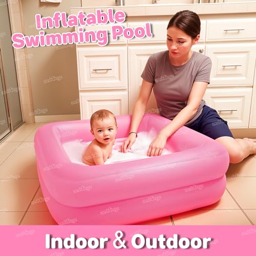 Image of Zest 4 Toyz Bathtub Swimming Pool for Kids Inflatable Pool Outdoor Water Pool Bathtub Baby Bathing Swimming Tub for Kids 0-3 Years 90L x 90W x 23H cm (Pink)