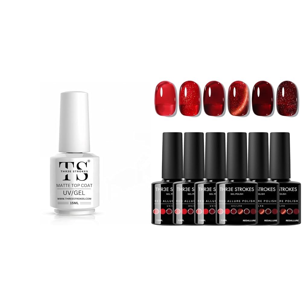 THR3E STROKES Matte Gel Top Coat 15ml, No-Wipe Chrome Powder-Resistant Polish, Long Lasting Gel Nail Polish 9D Cat Eye Gel Nail Polish, Magnetic Cat Eye Gel Polish Set 7ml*6 with, Classic Colors-image-46