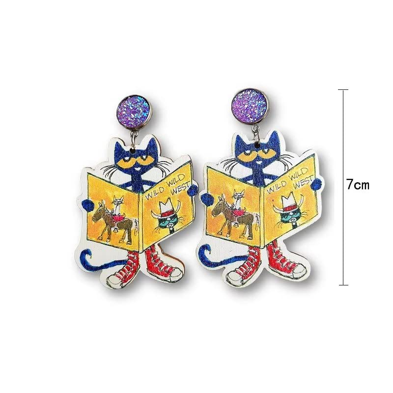 Wood Teacher Reading Earrings, Cute Cat Read Book Stationery Pencil Book for Teachers Student, Back-to-School Graduation Thanksgiving Jewelry Gift2