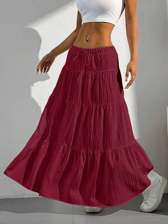 Image of Jawdrobe Women's Georgette Ruffle Hem Long Flared Skirt Lightweight Soft Fabric| High-Waisted Ruffled Maxi Plain and Pleated Skirt