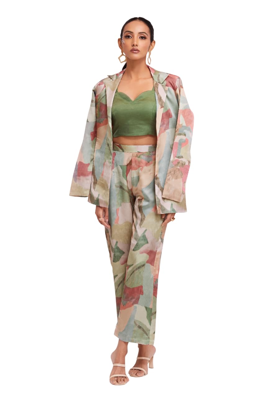 rangposhak Trendy Modal Satin Co-Ord Set, Multi Color Printed Blazer with Blouse and Pant, Ready to Wear 3 Piece Outfit-picture-10