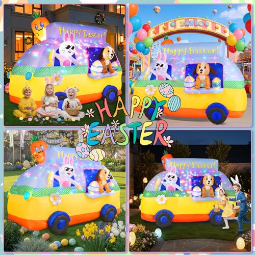 GIFTFIND 7.3FT Long Easter Inflatables Outdoor Decorations - Bunny and Dog Riding Bus, Build-in LED Lights Holiday Blow Up Yard Decoration, for Patio Garden Lawn Party Celebration Decor — view 2