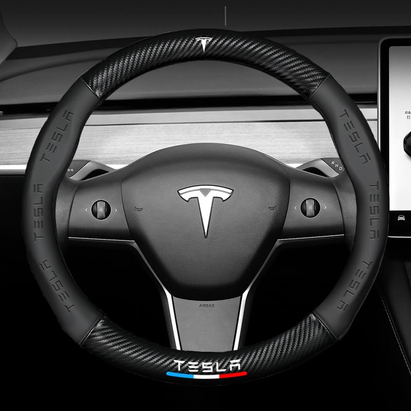 Calebkk for TES Steering Wheel Cover Custom-Fit, Fusion Carbon Fiber Premium Leather Car Steering Wheel Cover with Logo, Non-Slip, Breathable, for TES Accessories