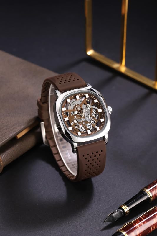 Image of London Fog Strand Collection Skeleton Style Quartz Watch for Men with Cushion Shaped Case, Date Display, Luminous Hands & Baton Hour Markers and Perforated Silicone Strap - LFM10026