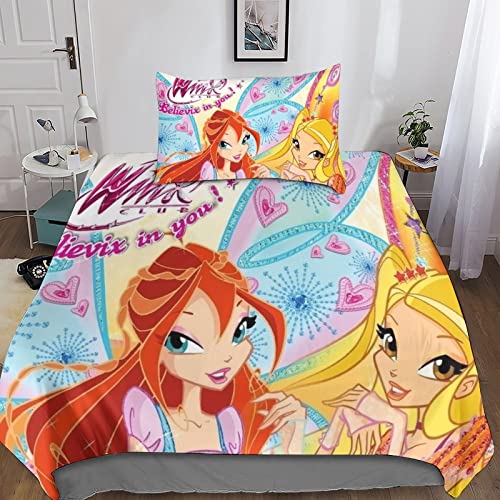 RINISA Housse De Couette Winx Club, Parure De Lit 3D Pixies Imprimée, Parure De Lit avec Taies d'oreiller 50x75 Cm, pour Enfants Ados Adultes Unique（135x200cm）